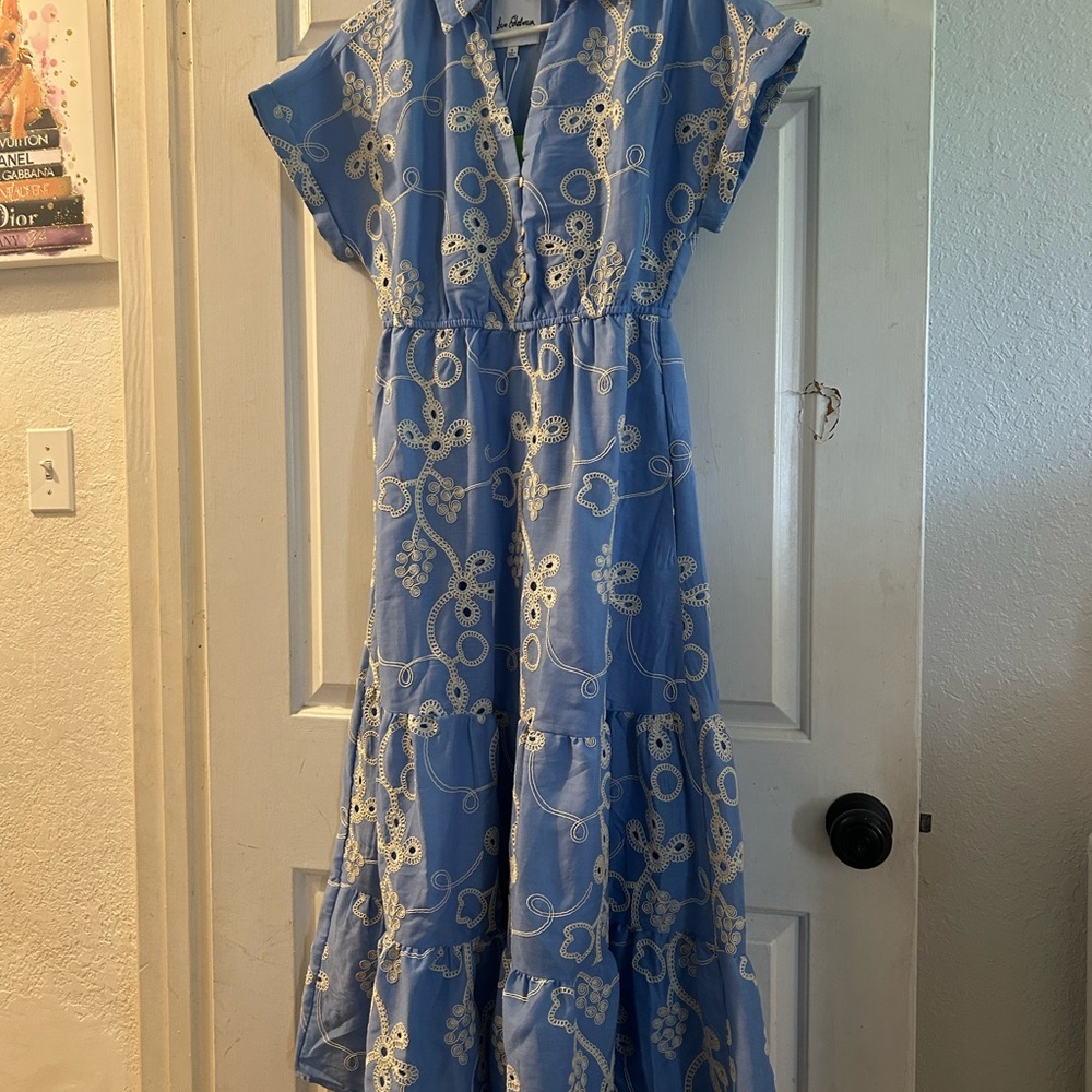 Sam Edelman Blue Eyelet Maxi Dress with White Embroidery